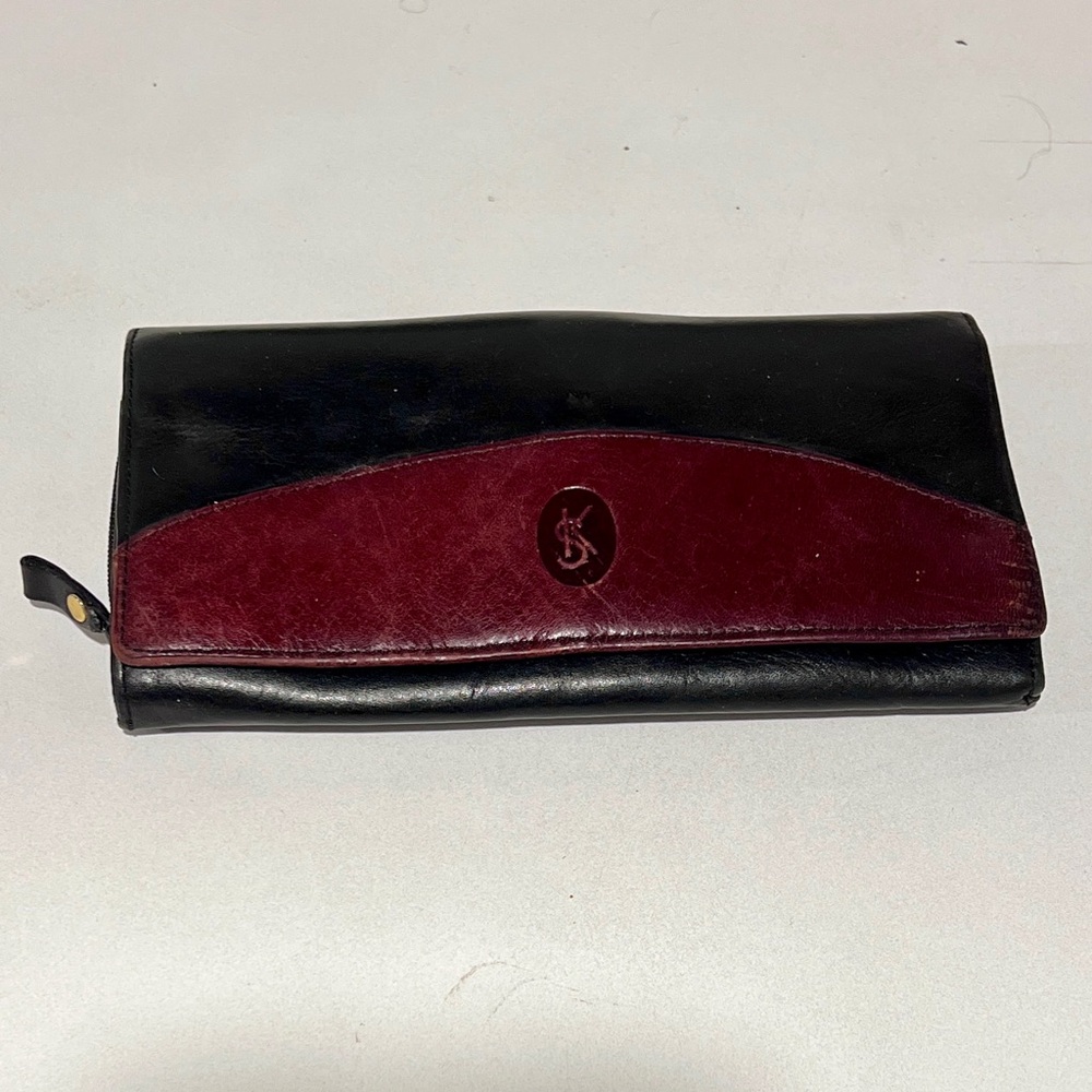 KS Women Monogrammed Black and Burgundy Clutch Wallet with Coin Purse